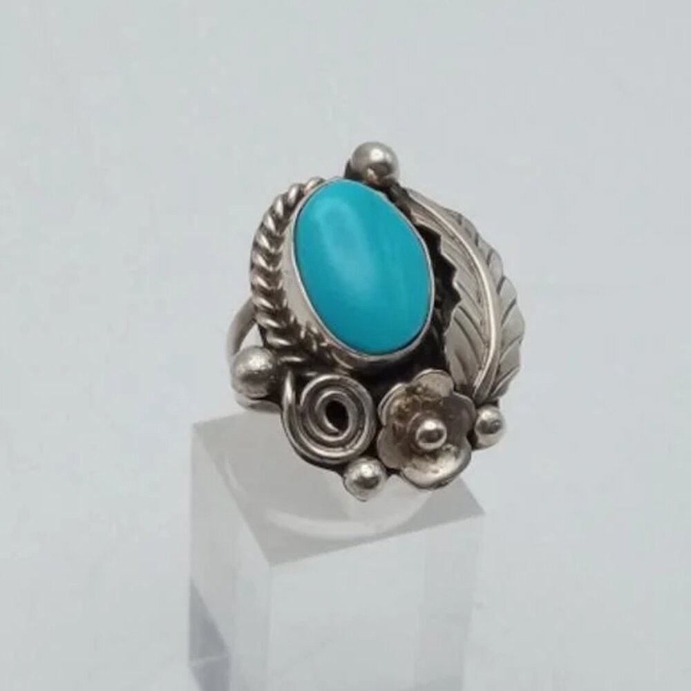 Native American by LEE Sterling Silver Turquoise Feather Flower Ring 6.5